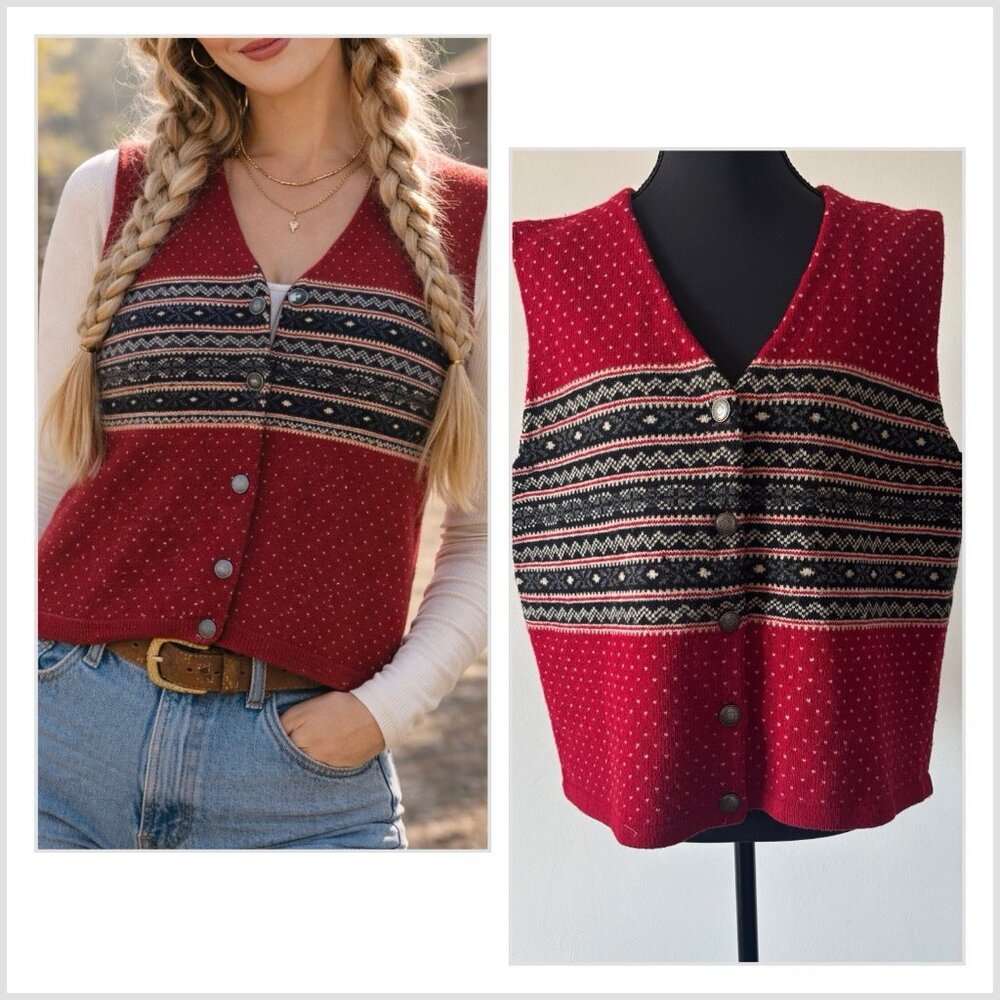 VTG EDDDIE BAUER Fair Isle Vest 100% Wool Women’s Size Large Scandi Cottage HOLE